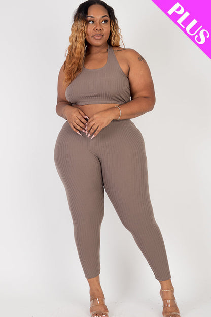 Plus Size Ribbed Back Tied Halter Neck Crop Top & Leggings Sets - Capella Apparel