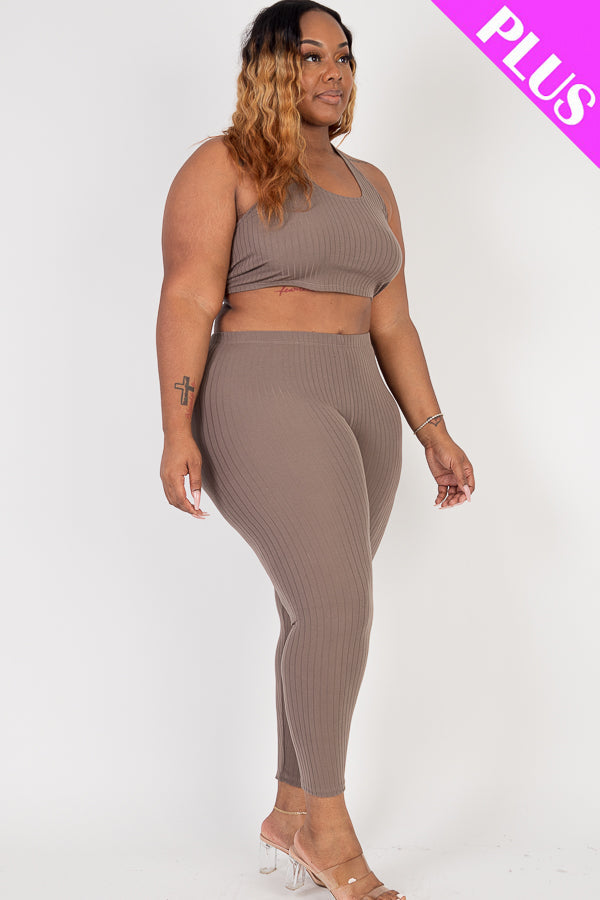 Plus Size Ribbed Back Tied Halter Neck Crop Top & Leggings Sets - Capella Apparel