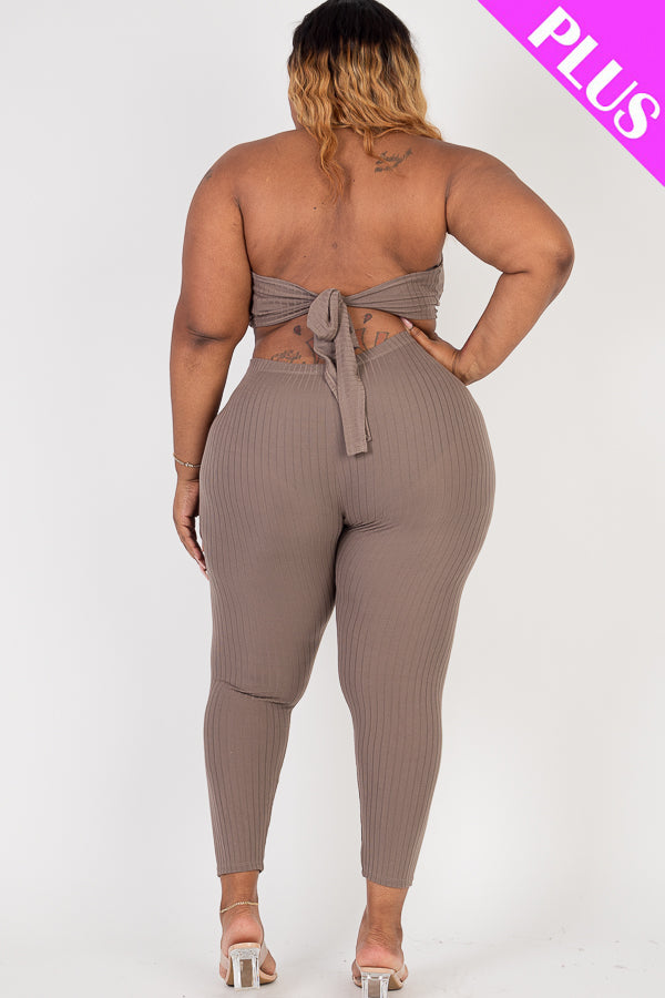 Plus Size Ribbed Back Tied Halter Neck Crop Top & Leggings Sets - Capella Apparel