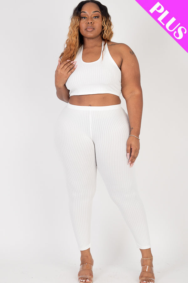 Plus Size Ribbed Back Tied Halter Neck Crop Top & Leggings Sets - Capella Apparel