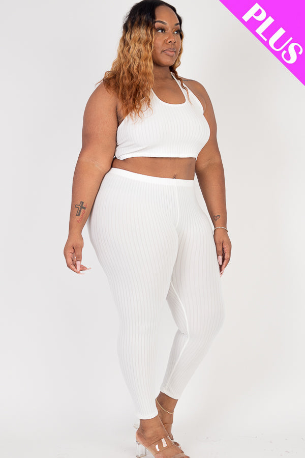 Plus Size Ribbed Back Tied Halter Neck Crop Top & Leggings Sets - Capella Apparel