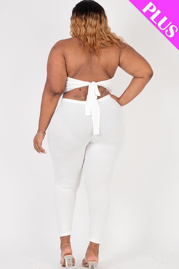 Plus Size Ribbed Back Tied Halter Neck Crop Top & Leggings Sets - Capella Apparel