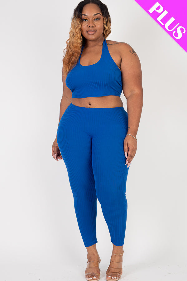 Plus Size Ribbed Back Tied Halter Neck Crop Top & Leggings Sets - Capella Apparel