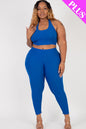 Plus Size Ribbed Back Tied Halter Neck Crop Top & Leggings Sets - Capella Apparel