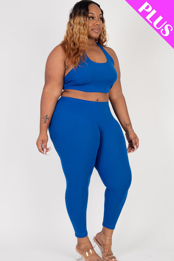 Plus Size Ribbed Back Tied Halter Neck Crop Top & Leggings Sets - Capella Apparel