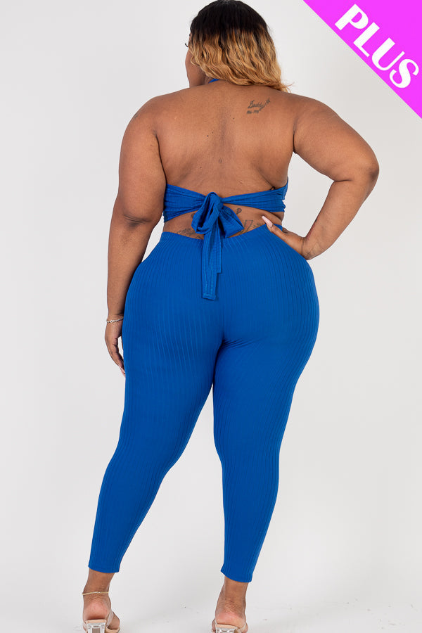 Plus Size Ribbed Back Tied Halter Neck Crop Top & Leggings Sets - Capella Apparel