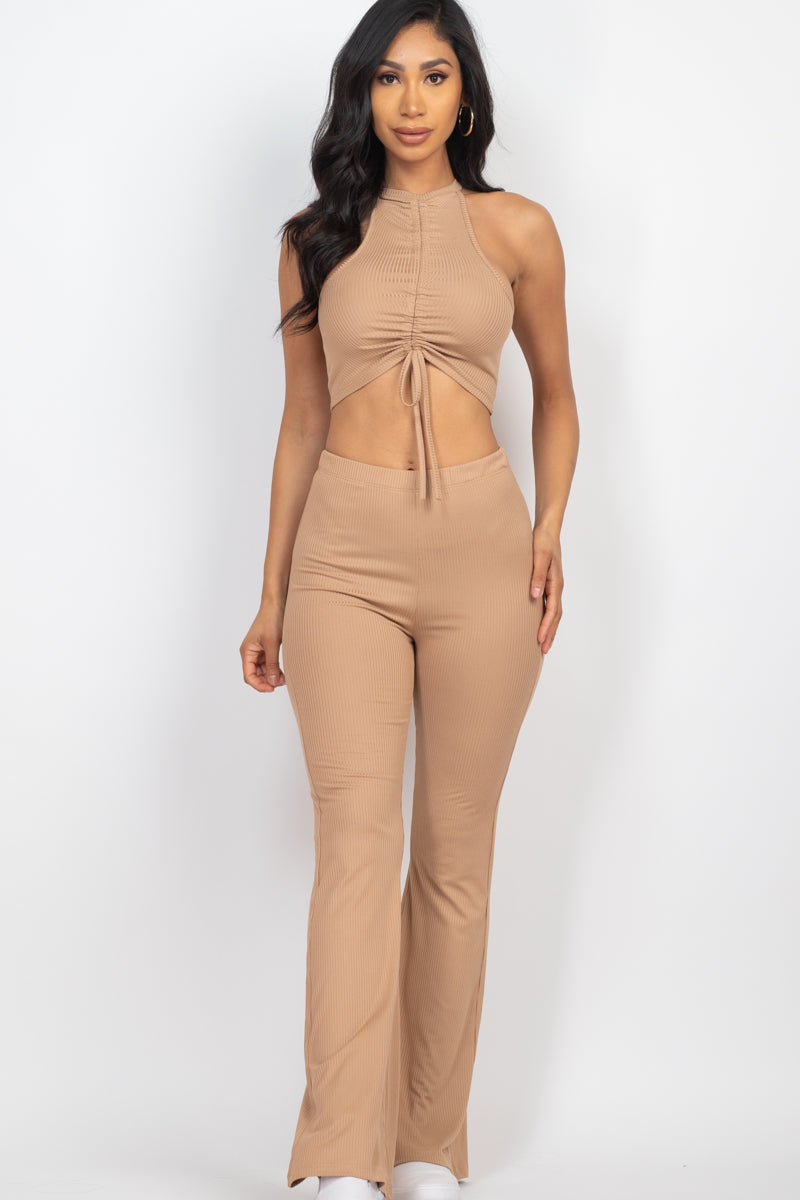 [$5/piece] Ribbed Ruched Front Crop Top&Bootcut Set