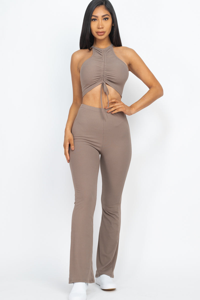 [$5/piece] Ribbed Ruched Front Crop Top&Bootcut Set