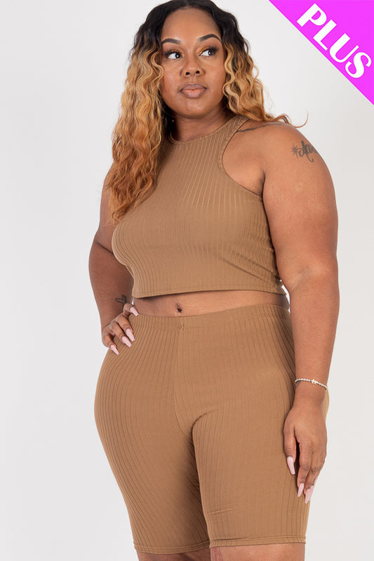 [$5/piece] Plus Size Ribbed Cropped Tank Top and Biker Shorts Set