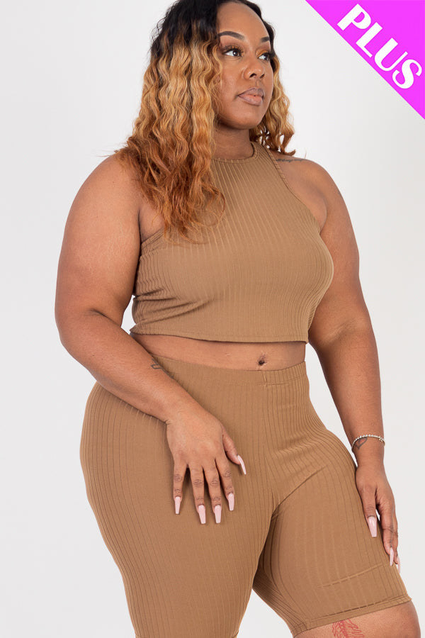 5/piece] Plus Size Ribbed Cropped Tank Top and Biker Shorts Set