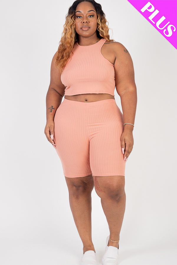 5/piece] Plus Size Ribbed Cropped Tank Top and Biker Shorts Set