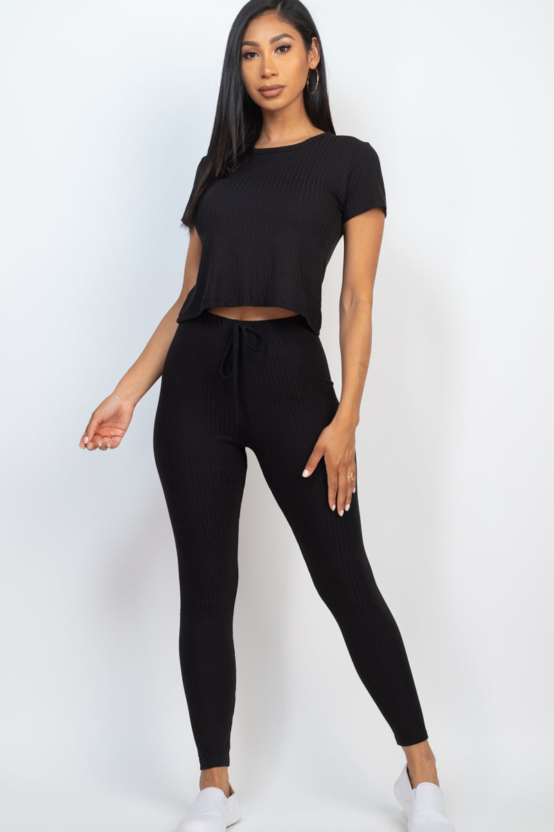 Ribbed Short Sleeve Top & Leggings Set - Capella Apparel Wholesale