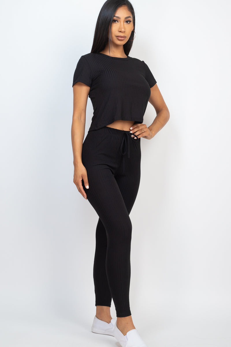 Ribbed Short Sleeve Top & Leggings Set - Capella Apparel Wholesale