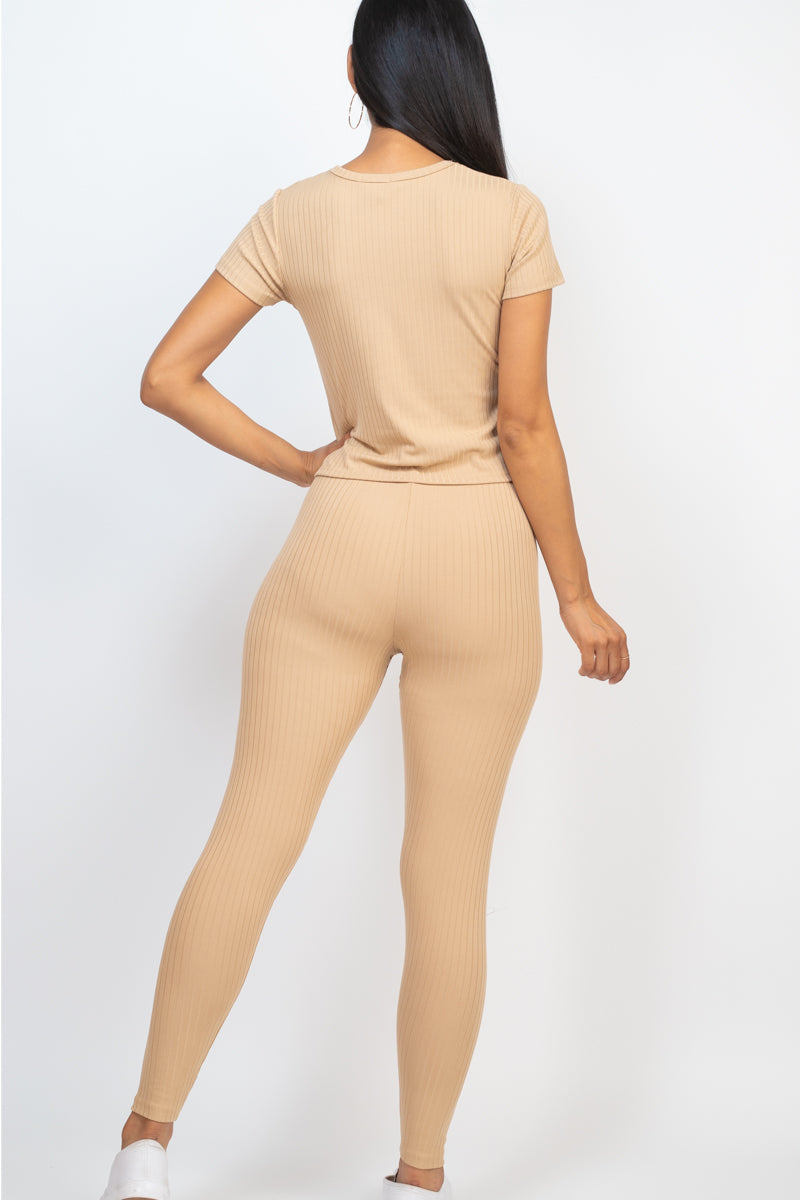 Ribbed Short Sleeve Top & Leggings Set - Capella Apparel Wholesale