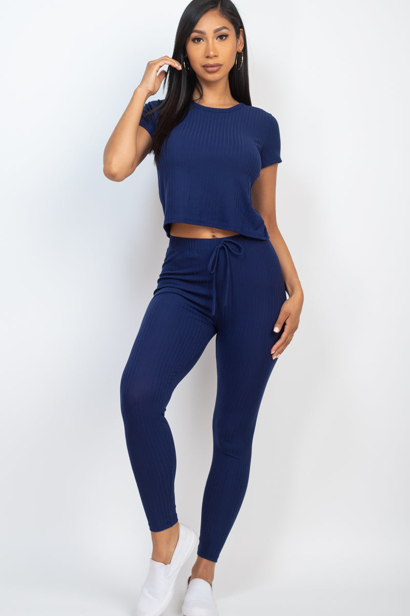 Ribbed Short Sleeve Top & Leggings Set - Capella Apparel Wholesale