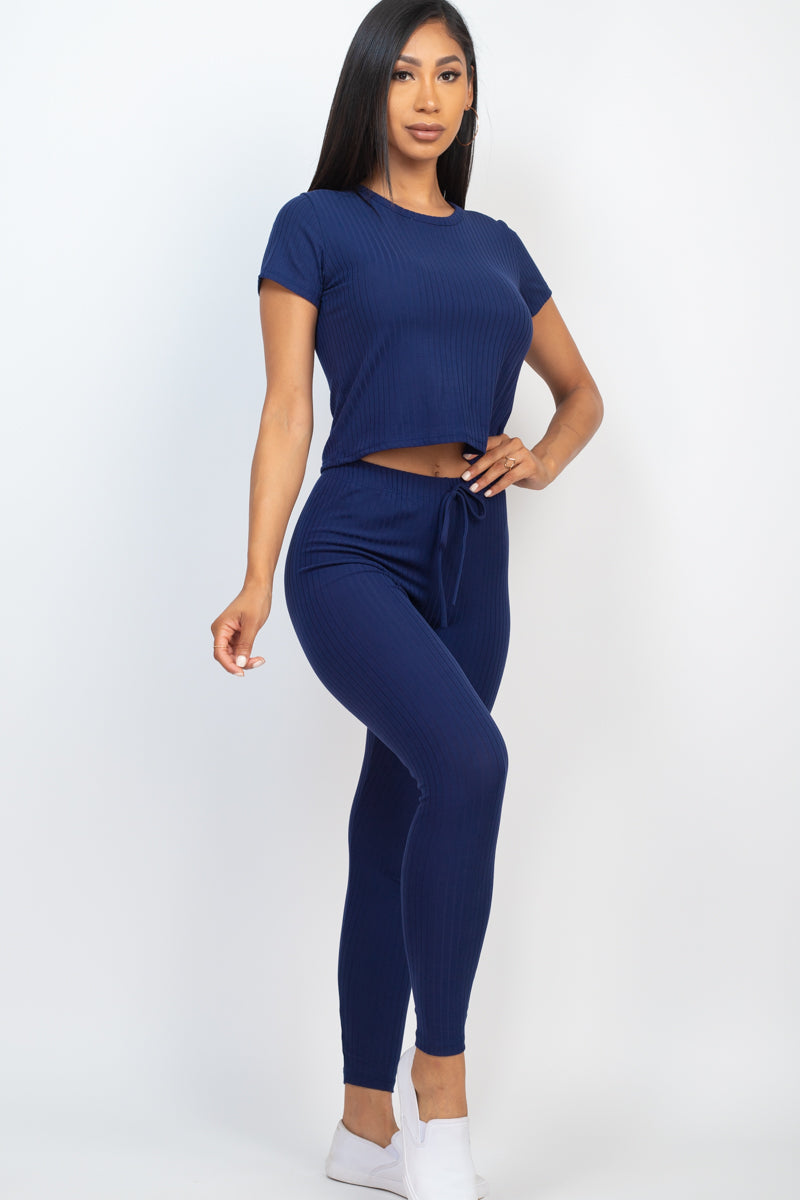 4 piece Ribbed Short Sleeve Top Leggings Set Capella Outlet