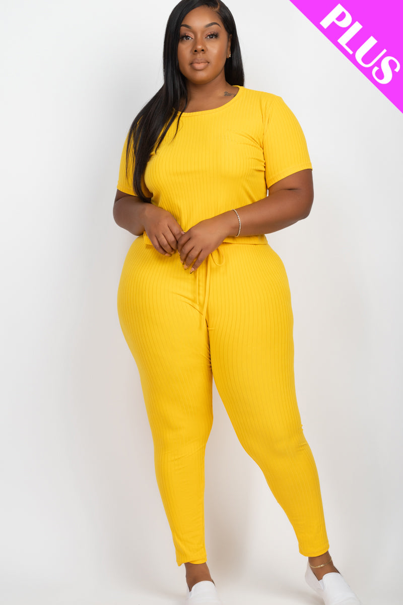 Plus Size Ribbed Short Sleeve Top & Leggings Set - Capella Apparel Wholesale