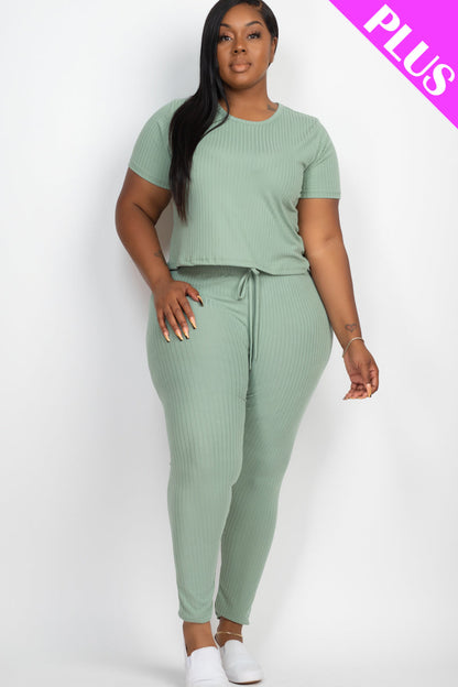 Plus Size Ribbed Short Sleeve Top & Leggings Set - Capella Apparel Wholesale