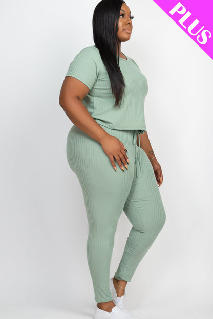 Plus Size Ribbed Short Sleeve Top & Leggings Set - Capella Apparel Wholesale