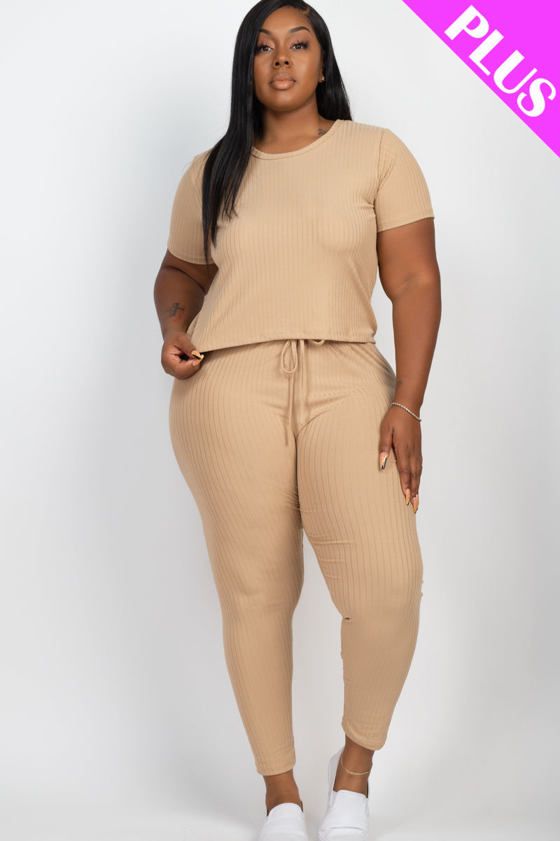 Plus Size Ribbed Short Sleeve Top & Leggings Set - Capella Apparel Wholesale