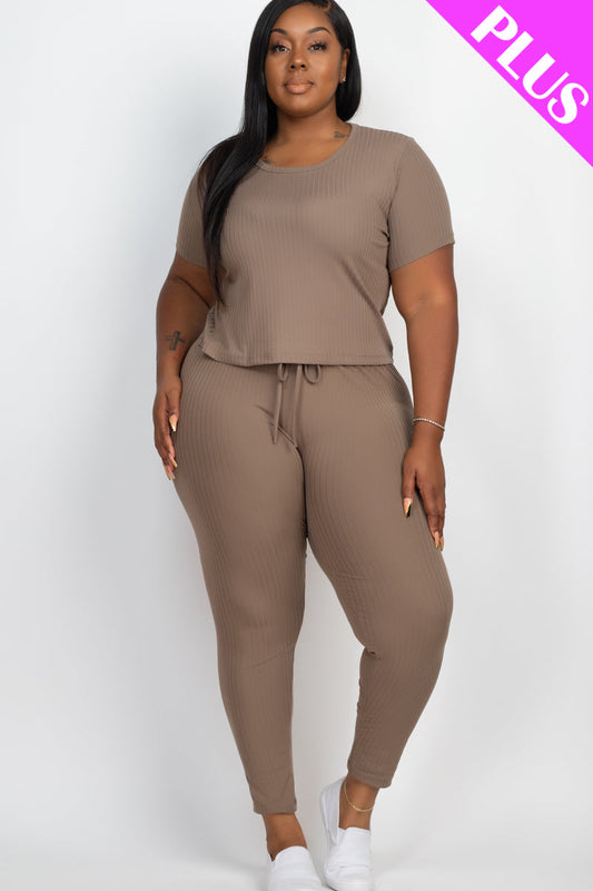 Plus Size Ribbed Short Sleeve Top & Leggings Set - Capella Apparel Wholesale