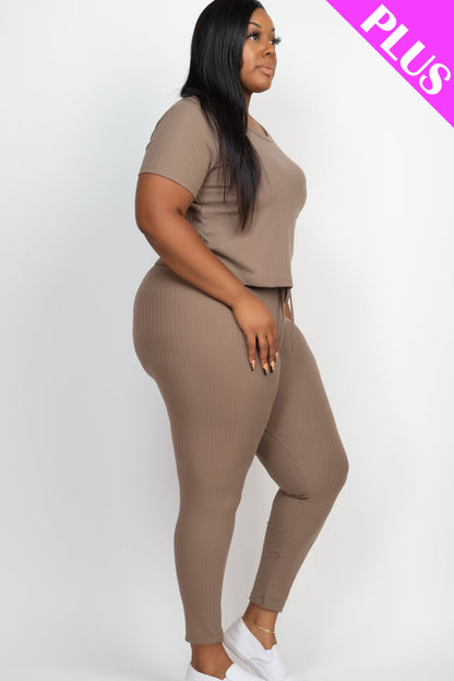 Plus Size Ribbed Short Sleeve Top & Leggings Set - Capella Apparel Wholesale