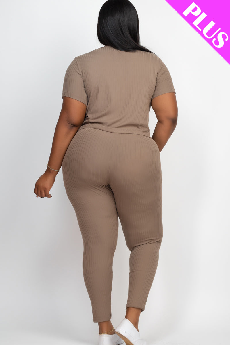 Plus Size Ribbed Short Sleeve Top & Leggings Set - Capella Apparel Wholesale