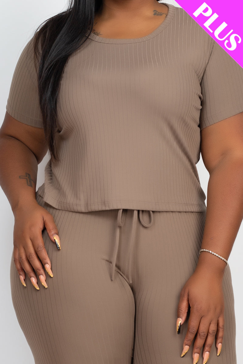 Plus Size Ribbed Short Sleeve Top & Leggings Set - Capella Apparel Wholesale