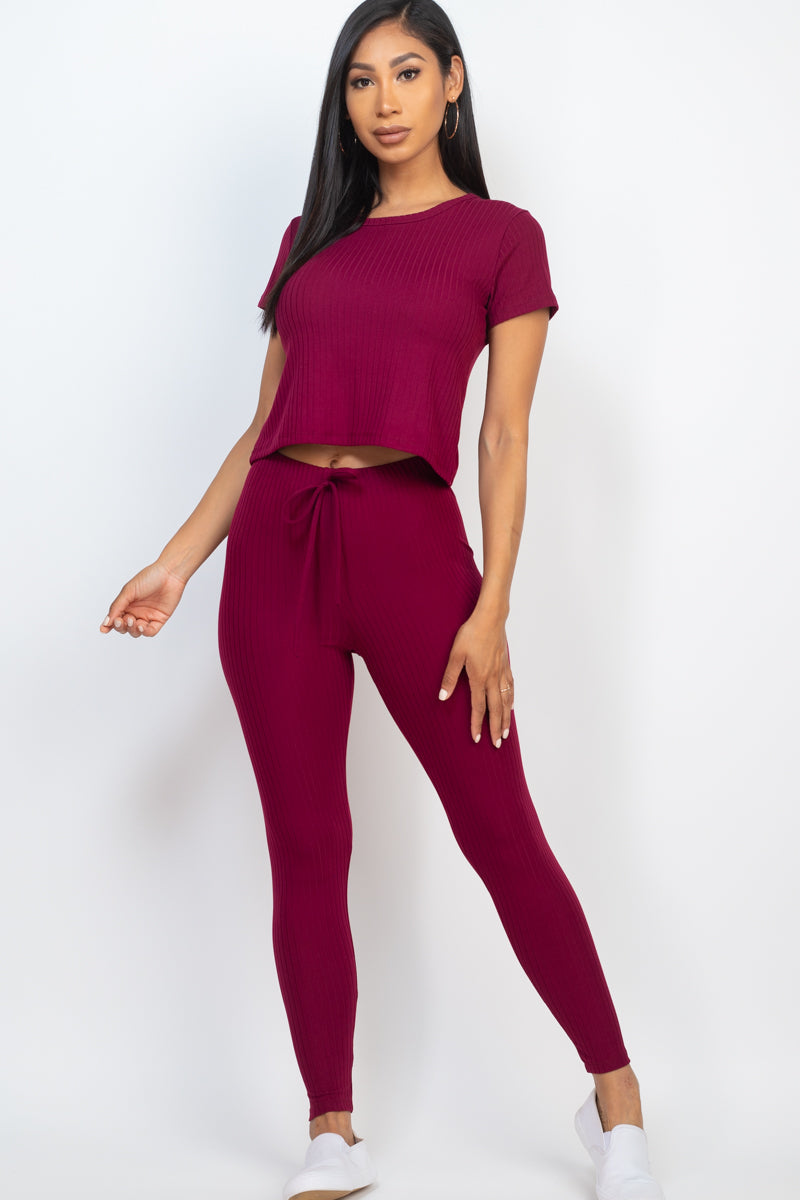 Ribbed Short Sleeve Top & Leggings Set - Capella Apparel Wholesale