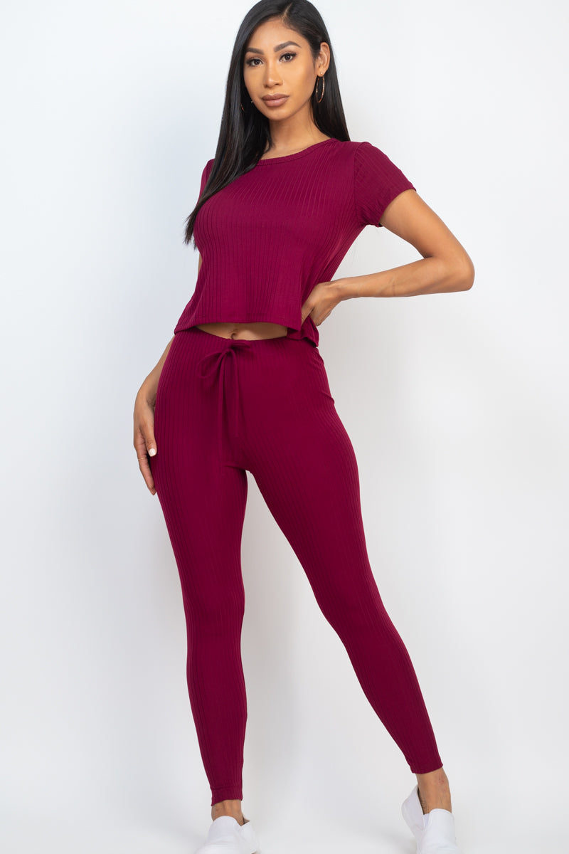 Ribbed Short Sleeve Top & Leggings Set - Capella Apparel Wholesale