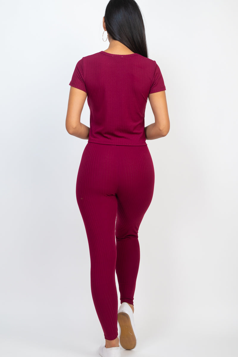 Ribbed Short Sleeve Top & Leggings Set - Capella Apparel Wholesale