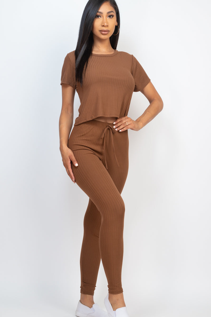 Ribbed Short Sleeve Top & Leggings Set - Capella Apparel Wholesale