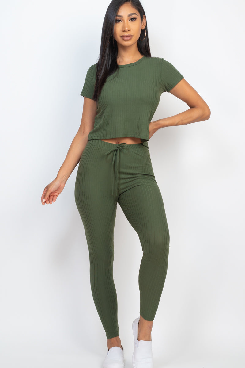 Ribbed Short Sleeve Top & Leggings Set - Capella Apparel Wholesale