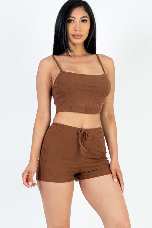 Solid Ribbed Cami Top and Shorts Set - Capella Apparel