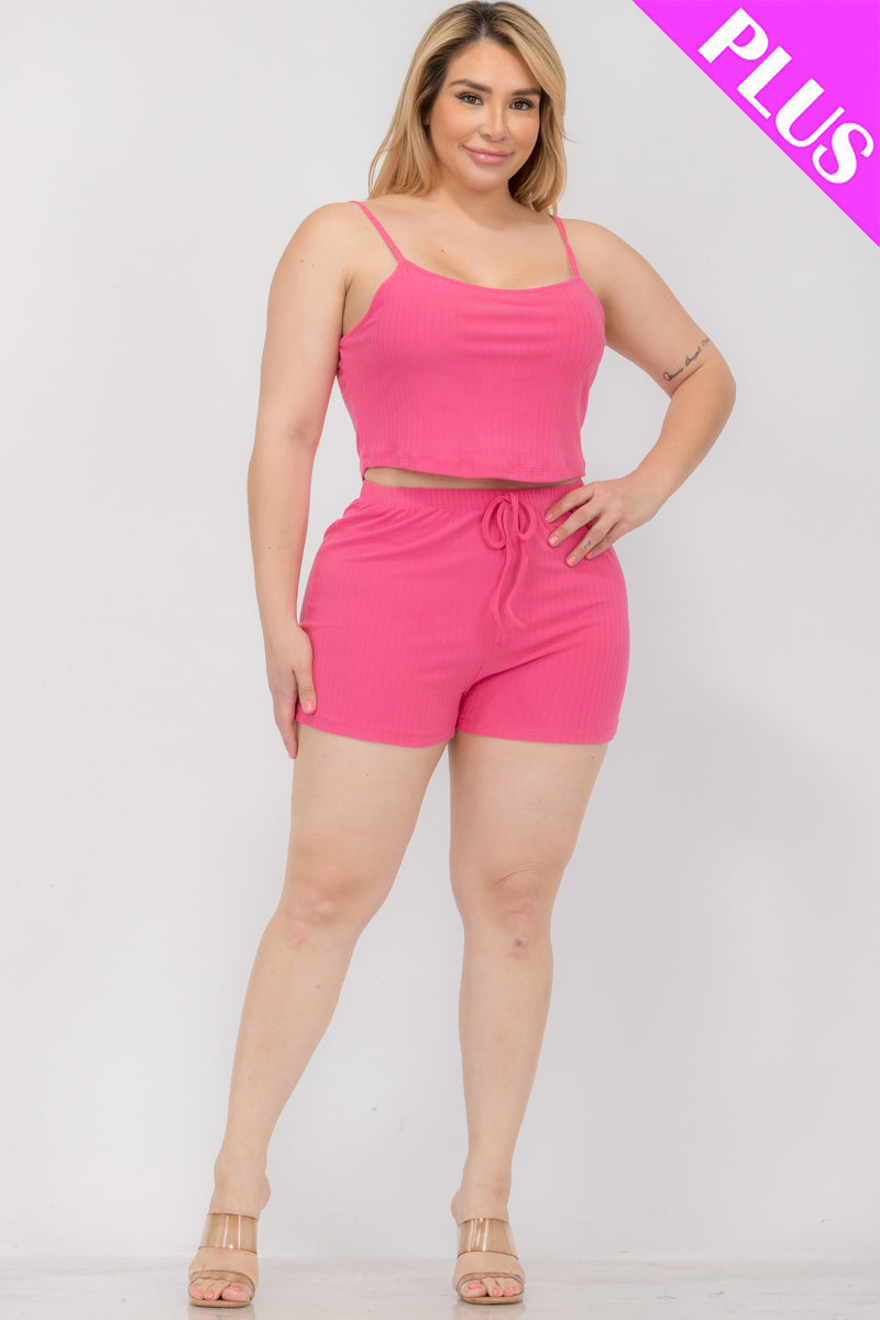 Plus Size Solid Ribbed Cami Top and Shorts Set - Capella Apparel