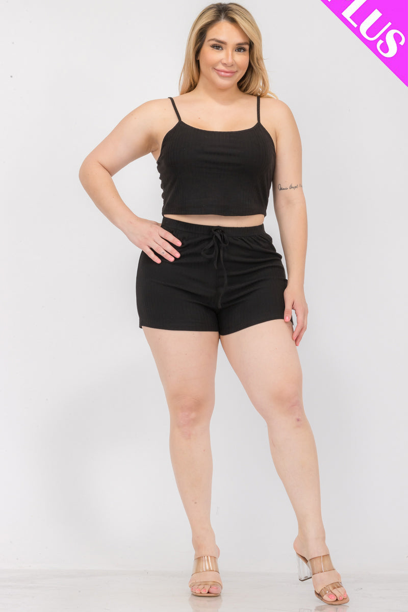 Plus Size Solid Ribbed Cami Top and Shorts Set - Capella Apparel