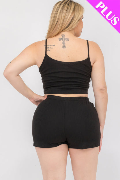 Plus Size Solid Ribbed Cami Top and Shorts Set - Capella Apparel