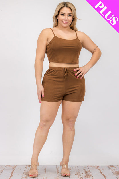 Plus Size Solid Ribbed Cami Top and Shorts Set - Capella Apparel