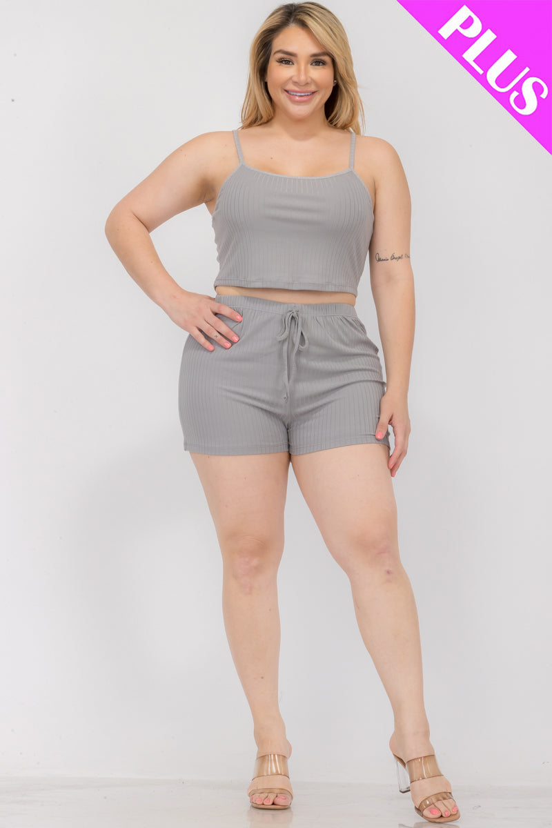 Plus Size Solid Ribbed Cami Top and Shorts Set - Capella Apparel