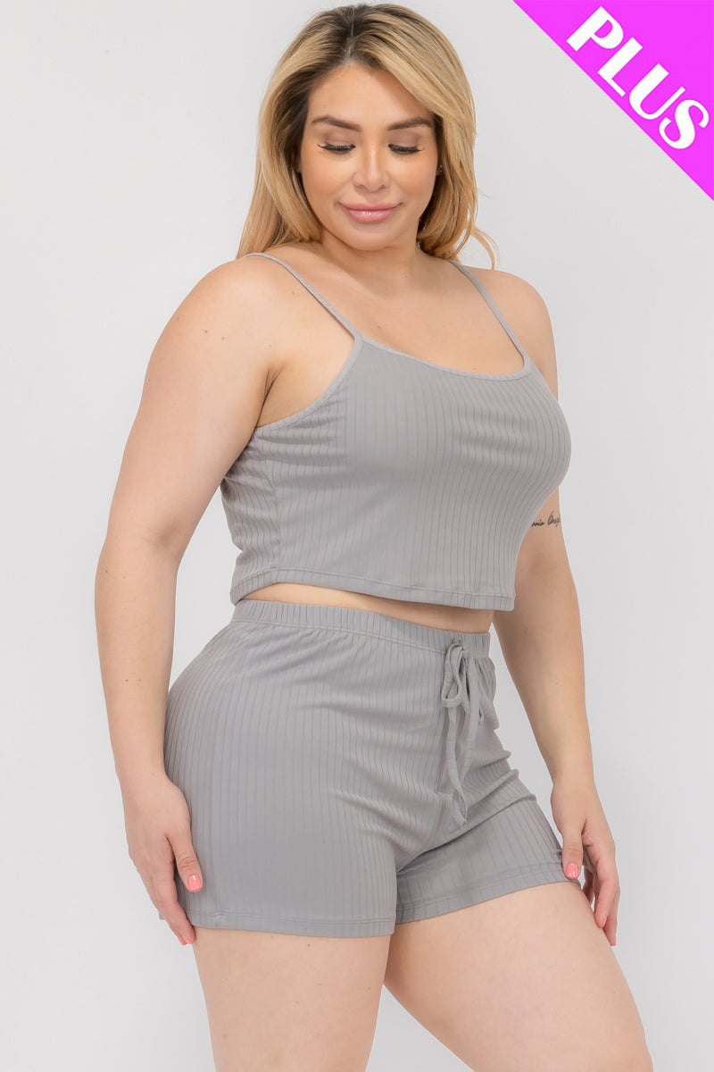 Plus Size Solid Ribbed Cami Top and Shorts Set - Capella Apparel