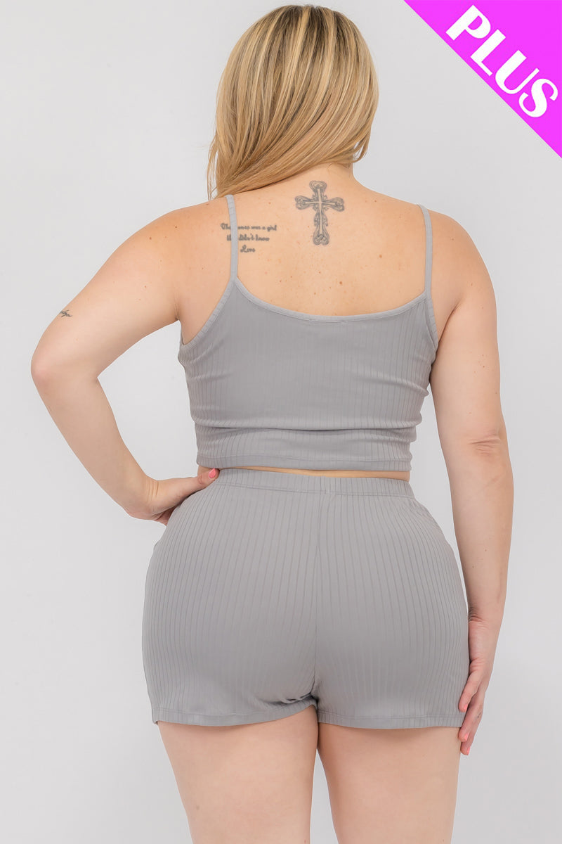 Plus Size Solid Ribbed Cami Top and Shorts Set - Capella Apparel