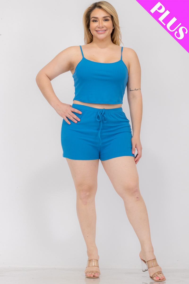 Plus Size Solid Ribbed Cami Top and Shorts Set - Capella Apparel