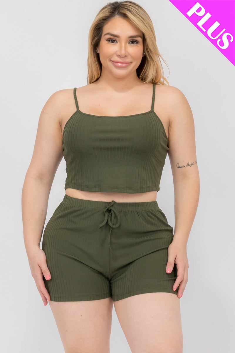 Plus Size Solid Ribbed Cami Top and Shorts Set - Capella Apparel