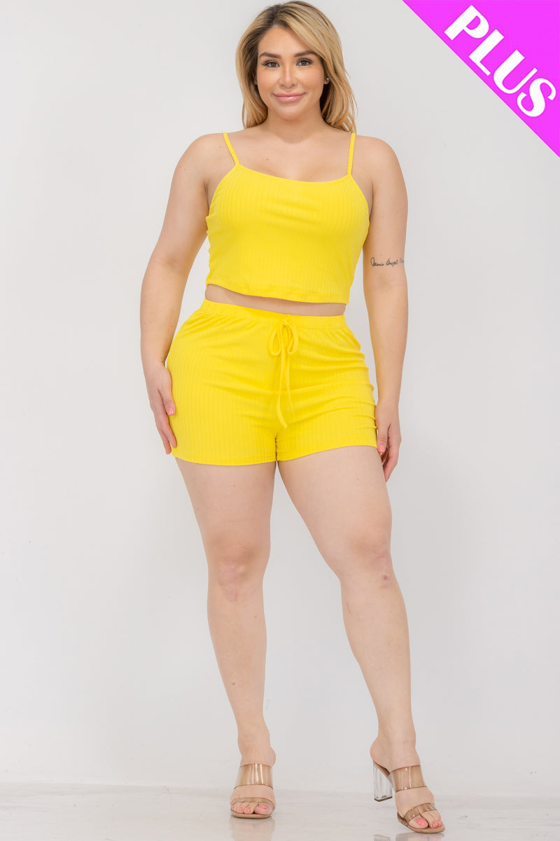 Plus Size Solid Ribbed Cami Top and Shorts Set - Capella Apparel