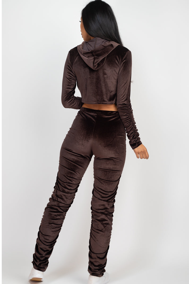 Velour Ruched Front Zip Up Jacket & Stacked Pants Set - Capella Apparel