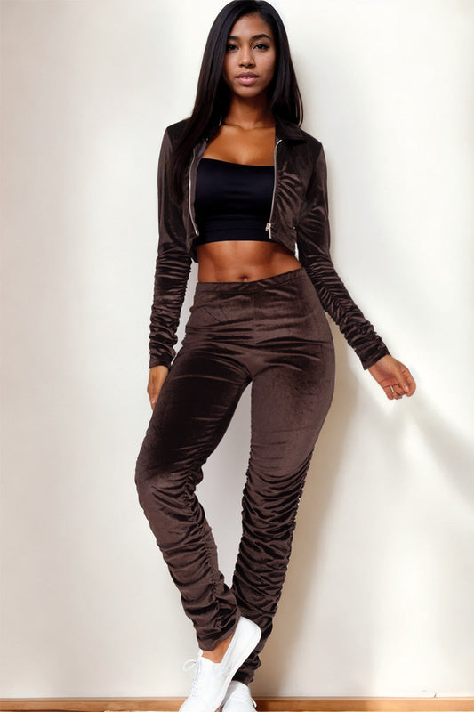 Velour Ruched Front Zip Up Jacket & Stacked Pants Set - Capella Apparel