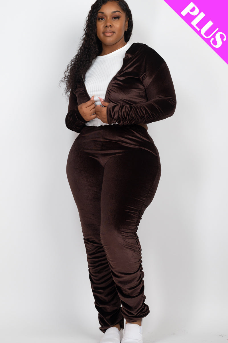 Plus Size Velour Ruched Front Zip Up Jacket & Stacked Pants Set - Capella Apparel