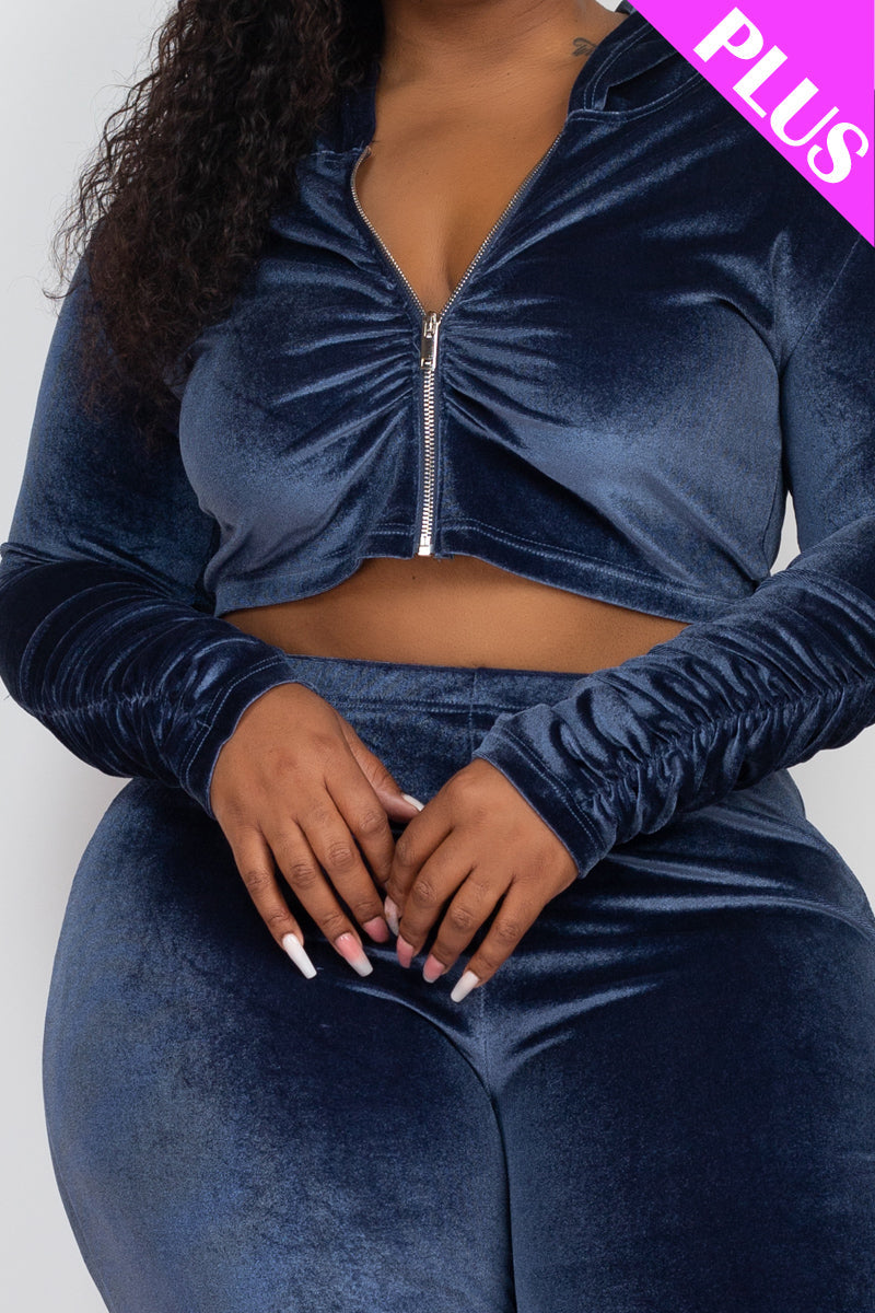 Plus Size Velour Ruched Front Zip Up Jacket & Stacked Pants Set - Capella Apparel
