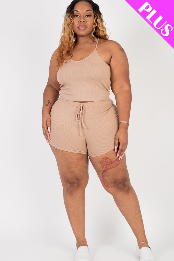 5/piece] Plus Size Ribbed Crop Cami Top & Shorts Set