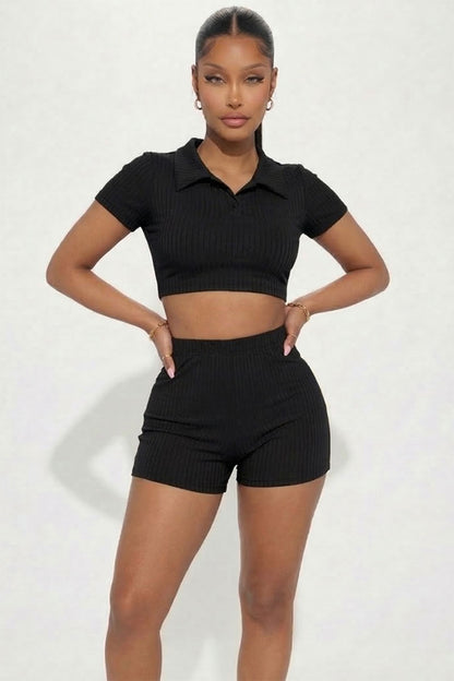 [$3/piece] Ribbed Collared Short Sleeve Crop Top & Shorts Set